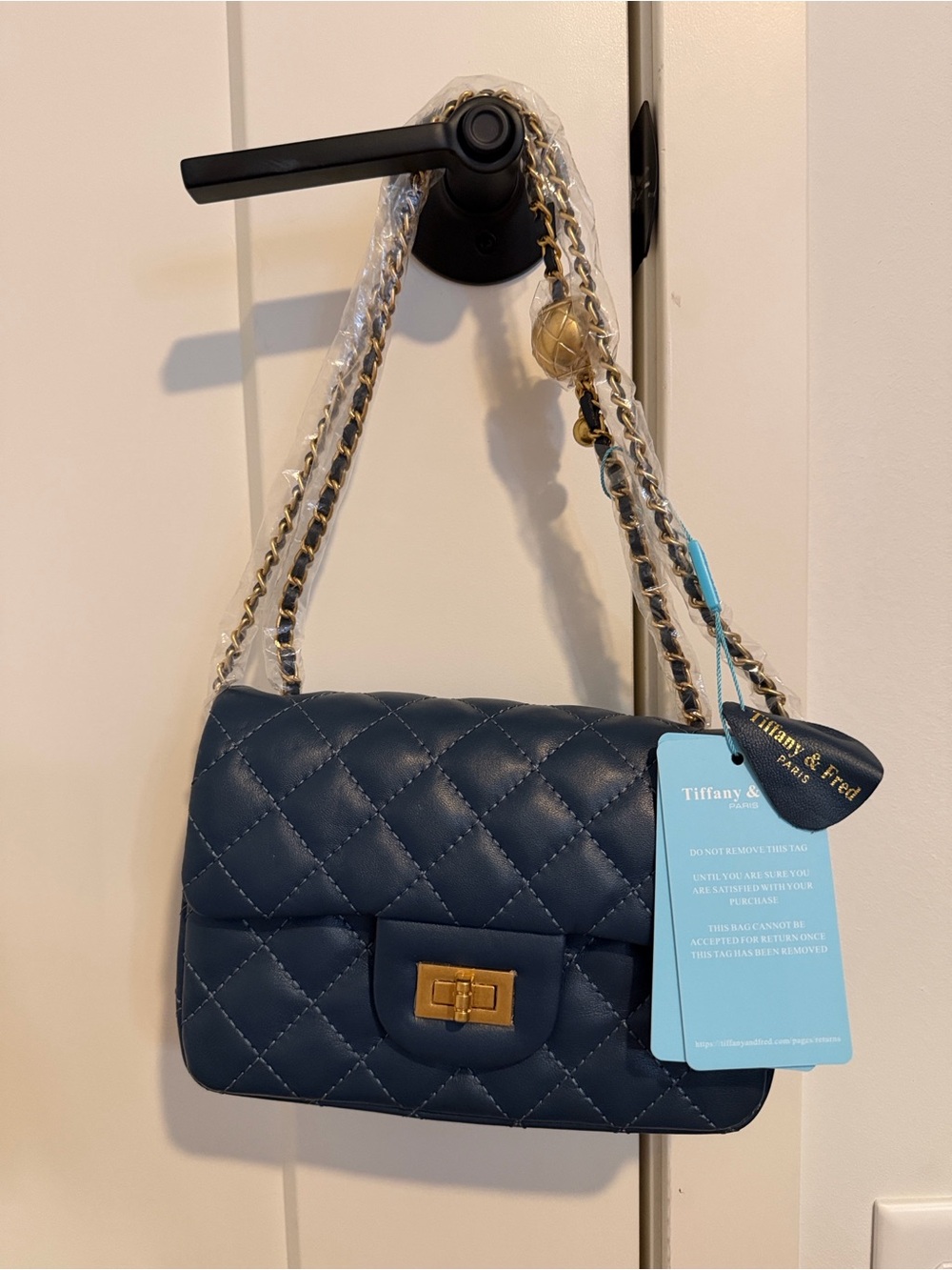 NWT Navy Blue Tiffany & Fred Quilted Sheepskin Leather Crossbody Bag